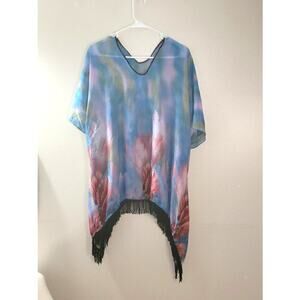 Womens Boho Kimono Blue Black Fringe Sz OS Beachy Coverup Resort Vacation